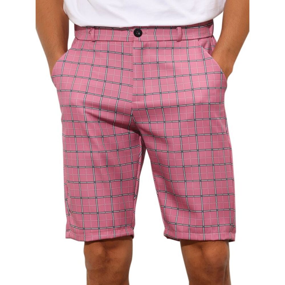 Pink Plaid Shorts Straight Fit Comfort Flat Front Checked Shorts